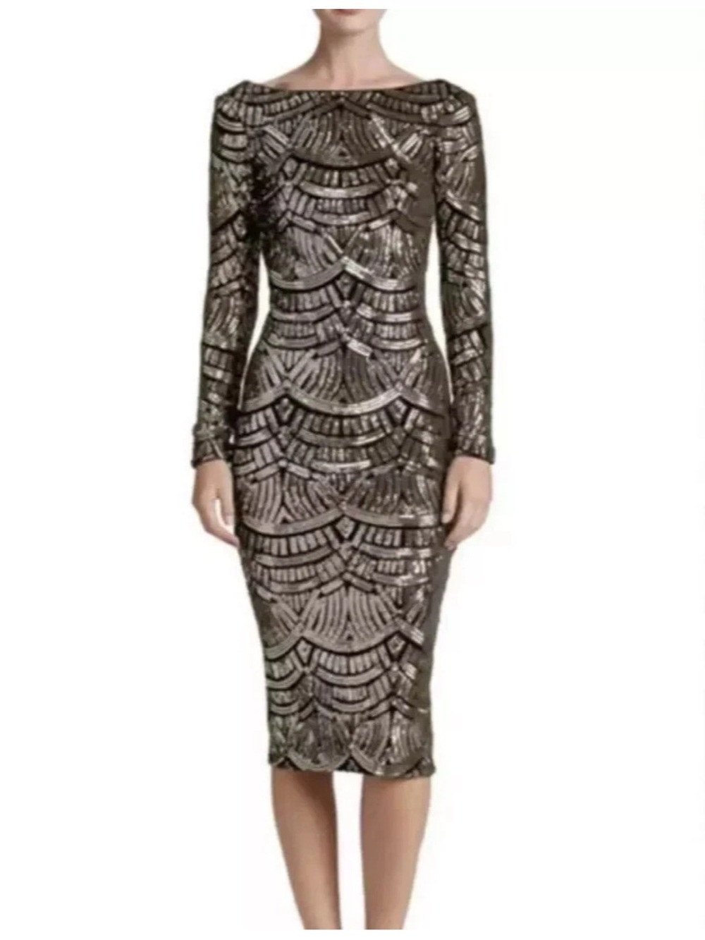 Dress the Population Emery Silver Art Deco Midi Dress Cocktail Dress XS